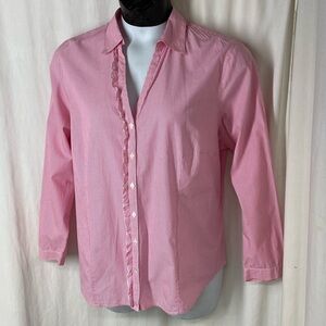 LL Bean 1X Ruffle Button Placket Pink Pin Striped Crisp Cotton Top Shirt